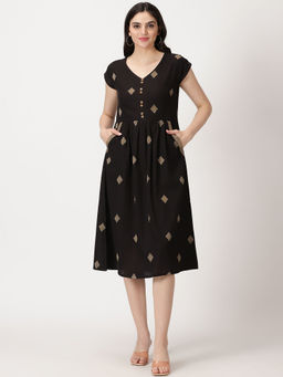 Saffron Threads - Black Printed Woven Design Midi Dress
