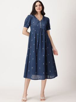 Saffron Threads - Navy Blue Woven Design Midi Dress