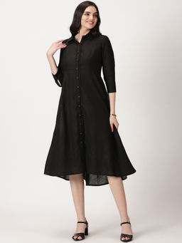 Saffron Threads - Black Solid Lace Work Placket Midi Shirt Dress