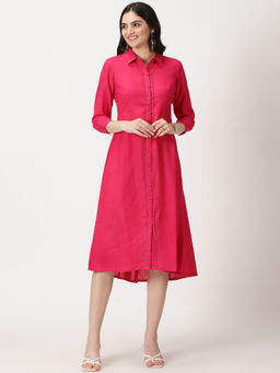 Saffron Threads - Fuchsia Solid Lace Work Placket Midi Shirt Dress