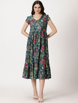 Saffron Threads - Teal Floral Printed Midi Dress with Flounce Hem