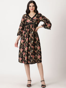 Saffron Threads - Black Floral Print Cotton Knee Length Dress