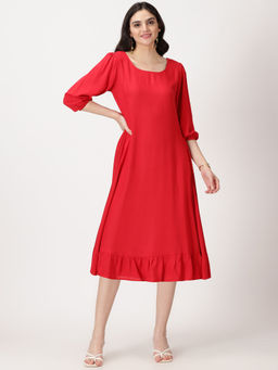 Saffron Threads - Red Self Design Midi Dress with Flounce Hem