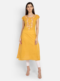 Saffron Threads - Mustard Cotton Embroidered Drop-Shoulder Kurta