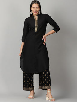 Saffron Threads - Black Slob Kurta with Gold Embroidered On Neck