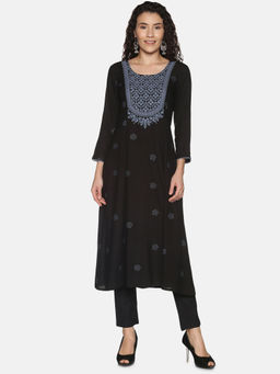Saffron Threads - Black Rayon Lucknowi Chikankari Embroidered A-Line Kurta