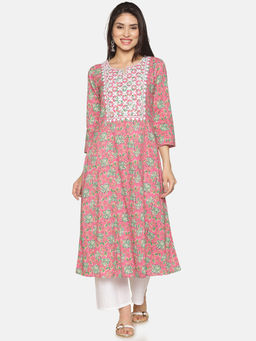 Saffron Threads - Pink Cotton Floral Printed Lucknowi Embroidered A-Line Kurta