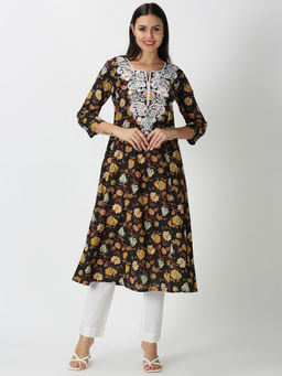 Saffron Threads - Black Floral Kurta with Lucknowi Embroidered Neck