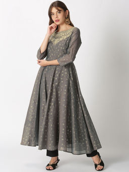 Saffron Threads - Grey Foil Printed Chanderi Zari Anarkali Kurta