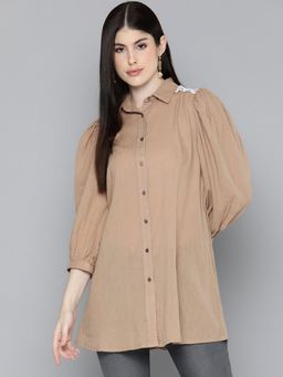 Scoup - Brown Solid Shirt with Lace Insert