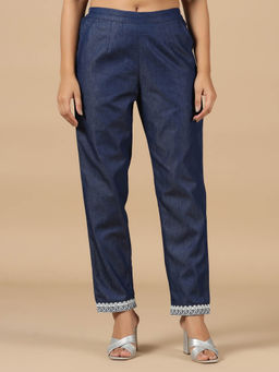 SAVI - Blue Denim Embroidered Straight Pant