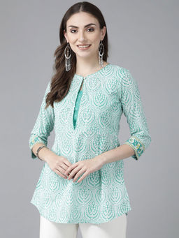 Rain & Rainbow - Women Sea Green & White Ethnic Motifs Printed Sequinned Pure Cotton Kurti