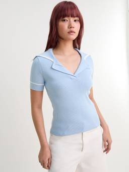 Pomelo - Sailor Collar Ribbed Knit Top - Baby Blue