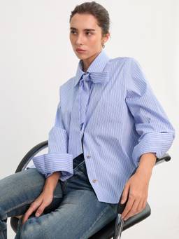 Pomelo - Stripe Shirt with Bow Detail - Blue