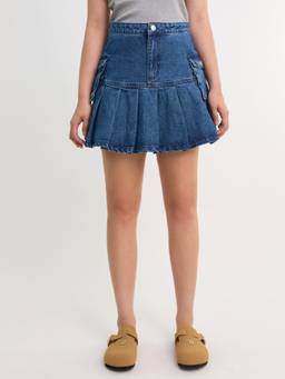 Pomelo - Mid Waist Denim Pleated Cargo Mini Skirt - Blue