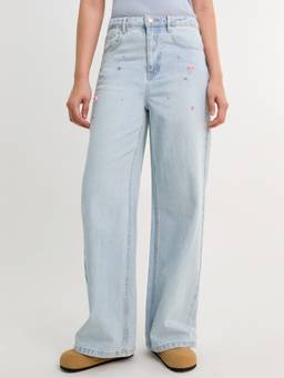 Pomelo - Rhinestone Mid Waist Wide Leg Jeans - Light Blue