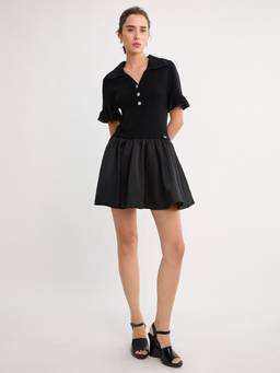 Pomelo - Flare Skirt Polo Knit Mini Dress - Black