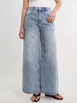 Pomelo - Rhinestone Embellished Wide Leg Jeans - Blue