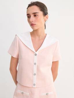 Pomelo - Sailor Collar Tweed Top - Pink