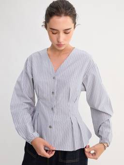 Pomelo - Pinstriped Peplum V-Neck Top - Light Grey