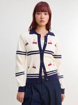 Pomelo - Contrast Trim Knit Cardigan with Dice Embroidery - Off-White