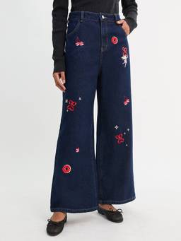 Pomelo - Embroidered Wide Leg Jeans - Blue