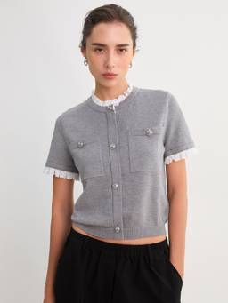 Pomelo - Lace Trim Knit Top - Light Grey