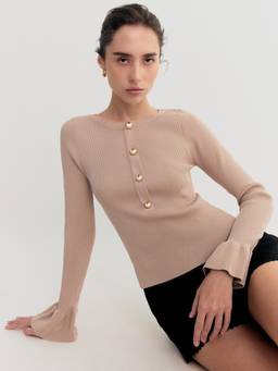 Pomelo - Ruffle Cuff Knit Top - Beige