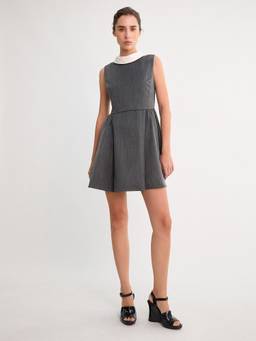 Pomelo - Contrast Collar Pinstripe Sleeveless Mini Dress - Mid Grey