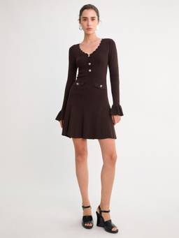 Pomelo - Scallop Neck Knitted Mini Dress - Brown