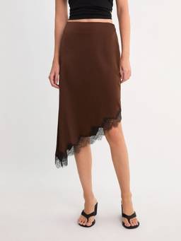 Pomelo - Lace Trim Asymmetric Midi Skirt - Brown