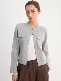 Pomelo - Lace Cuff Detailed Cardigan - Light Grey