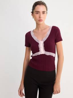 Pomelo - Lace Trim Detailed Ribbed Knit Top - Burgundy