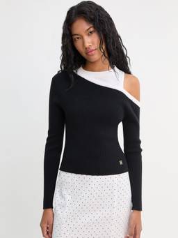 Pomelo - Asymmetric Cut-Out Shoulder Knit Top - Black