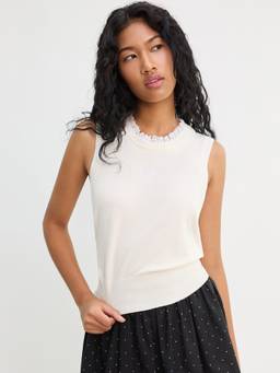 Pomelo - Lace Trim Sleeveless Knit Top - Ivory