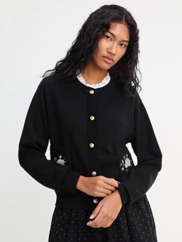 Pomelo - Floral Pocket Detailed Cardigan - Black