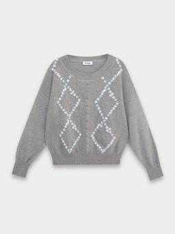 Pomelo - Floral Knit Sweater - Mid Grey
