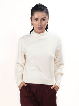 Zink London - Womens Off White Solid High Neck Sweater