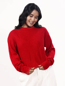 Zink London - Womens Red Solid Full Sleeves Sweater