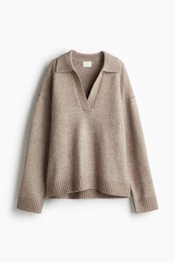 H&M - Women Beige Fine-Knit Collared Jumper
