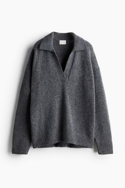 H&M - Women Grey Fine-Knit Collared Jumper