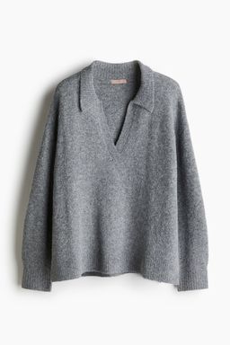 H&M - Women Grey Fine-Knit Collared Jumper