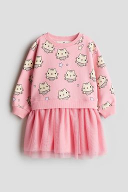 H&M - Girls Pink Printed Tulle-Skirt Sweatshirt Dress
