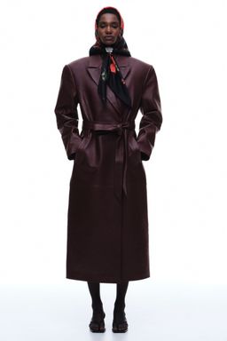 H&M - Women Red Tie-Belt Leather Coat