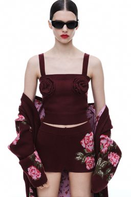 H&M - Women Red Wool-Blend Rose-Appliqued Knitted Top