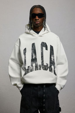 H&M - Men White Loose Fit Printed Hoodie