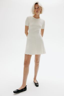 H&M - Women White Rib-Knit Flared-Skirt Dress