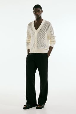 H&M - Men White Regular Fit Hole-Knit Cardigan