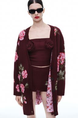 H&M - Women Red Wool-Blend Jacquard-Knit Cardigan