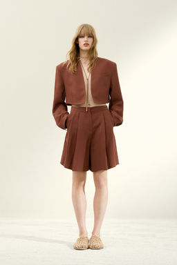 H&M - Women Brown Cropped Linen-Blend Blazer